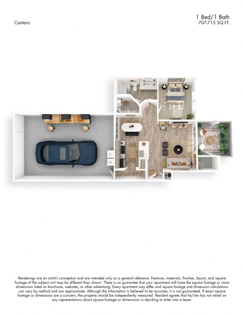 Floor plan for 1 bed, 1 bath, 707 sqft